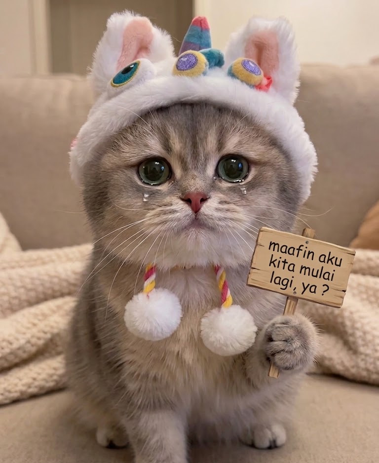 Kucing memegang papan bertuliskan maafin aku kita mulai lagi ya